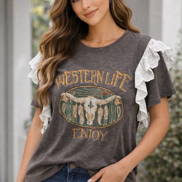 SHEIN Tops - SHEIN Western Life Graphic Tee Ruffle Sleeve Boho Cowgirl Top L